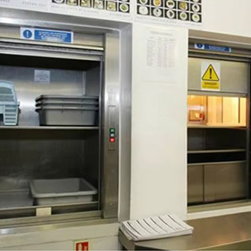 VTEF110 Servicio de restaurante Ascensor de alimentos Puerta automática Tracción sin engranajes Accionamiento de CA Piso de PVC Caja fuerte duradera para hoteles Villas Cocinas