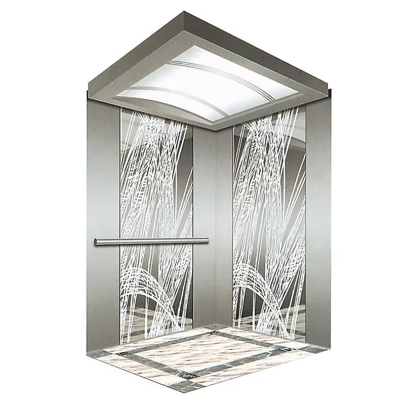 VTSP131 Moderna cabina de ascensor comercial con piso antideslizante de acero inoxidable de bajo ruido y paneles LED